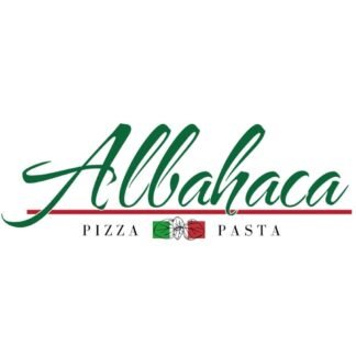 Una bandera de Italia, color verde, blanco y rojo, con unas hojas de albahaca. El texto dice: Albaca Pizza / Pasta.