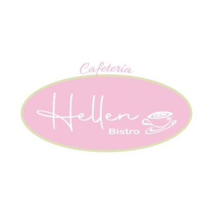 Logotipo que contiene una taza de café con un fondo rosa. El texto dice: Cafetería Bistro.