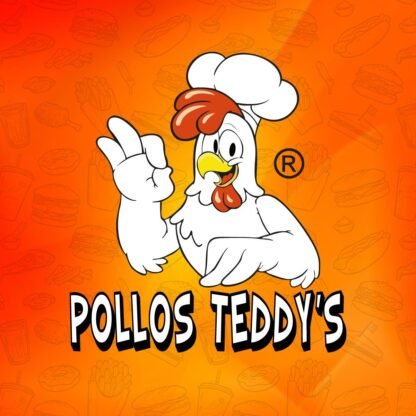 Logotipo que contiene un pollo con sombrero de chef, sobre un fondo color naranja.