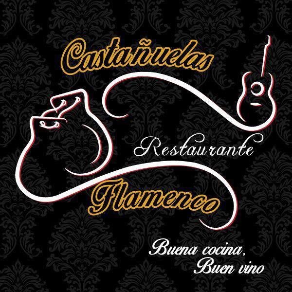 Unas castañuelas y una guitarra. El texto dice Restaurante Castañuelas Flamenco. Buena cocina, buen vino.
